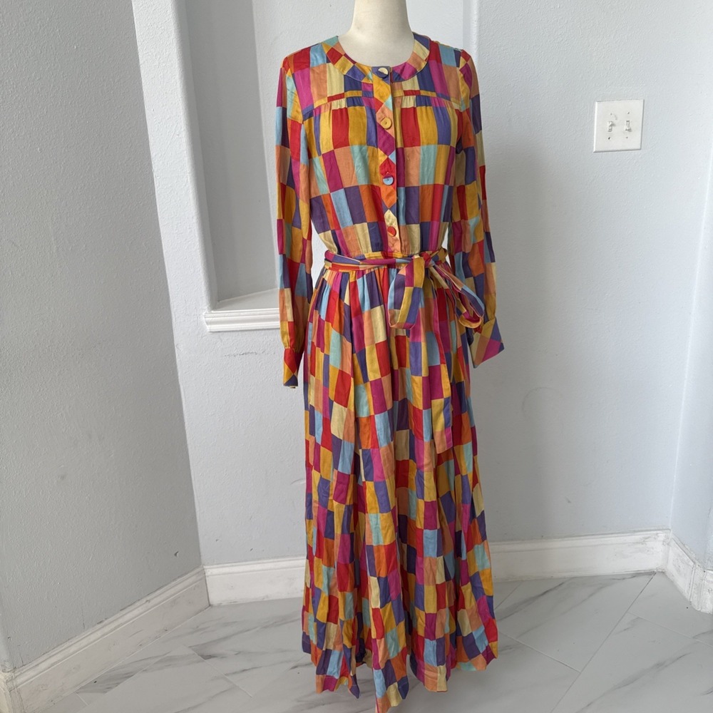 Maxi Dress M Colorblock Rainbow Belted Boho 80s Artsy Mod‎ Festival - Picture 2 of 14